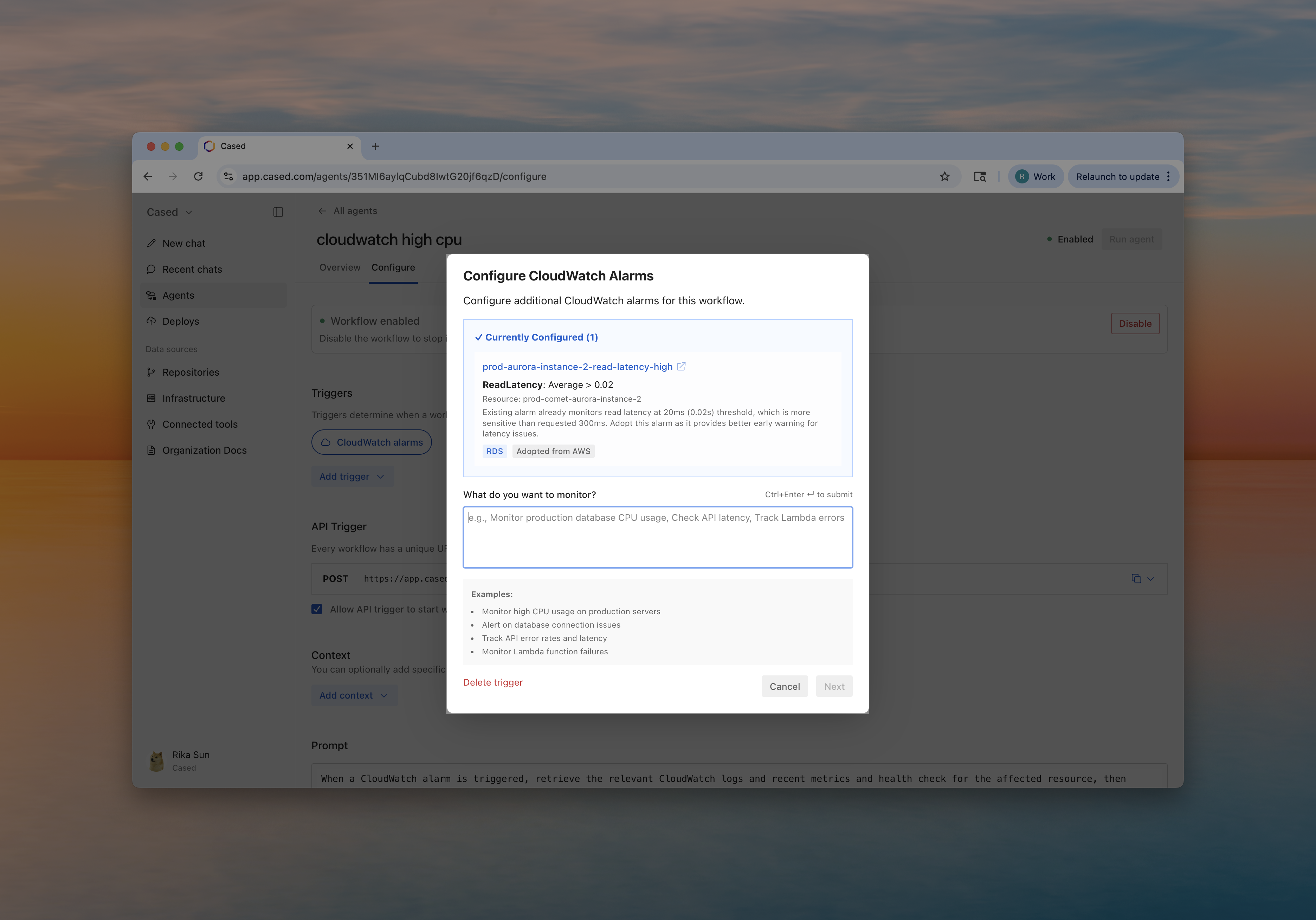 Conversational CloudWatch alarm setup in Cased